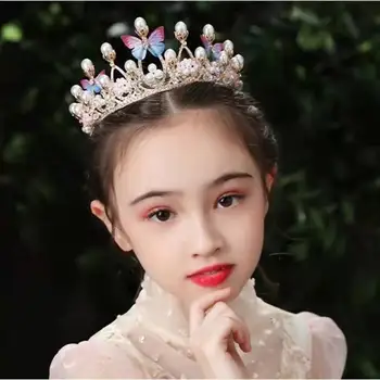 Новый головной убор детская корона обруч для волос для девочек кружева Бабочка Жемчужина дрель обруч для девочек прекрасная принцесса украшение для волос