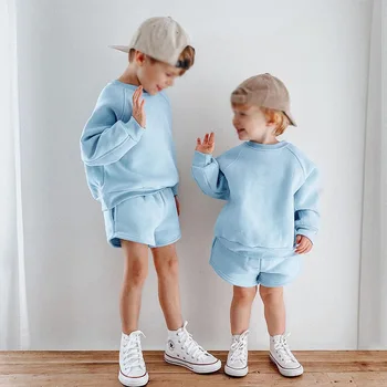 Новый комплект хлопчатобумажной одежды с капюшоном для девочек и мальчиков, шорты с капюшоном для младенцев и малышей, однотонный детский спортивный костюм, весенне-осенняя одежда для девочек