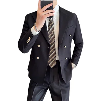 Новый мужской двубортный костюм из 2 предметов, модное простое джентльменское деловое банкетное платье, мужской приталенный свадебный блейзер и брюки