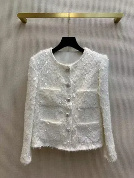 Новый осенний милый белый пушистый твидовый жакет с крупными круглыми бусинами, блестками, круглым вырезом, длинным рукавом, бриллиантами, пуговицами, винтажное пальто