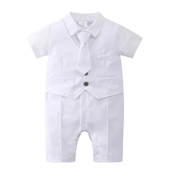 Одежда для крещения младенцев 0-24 месяцев, вечерний костюм для маленьких мальчиков, летний костюм джентльмена, белый комбинезон с галстуком, костюмы для новорожденных, платье на день рождения