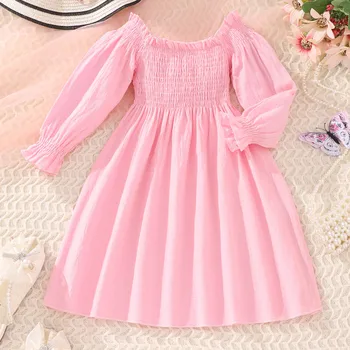 Однотонное платье принцессы с длинными рукавами для маленьких девочек, платья для танцев, одежда кораллового цвета, детское осеннее платье для девочек