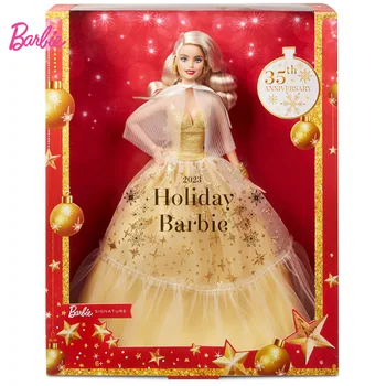 Оригинальная праздничная кукла Барби 2023 года, сезонный подарок коллекционеру, золотое платье и игрушки со светлыми волосами для девочек