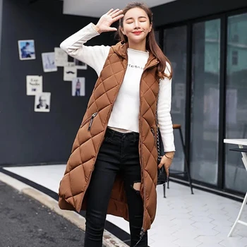 Осенне-зимний женский длинный жилет, пальто без рукавов, Корейский Новый пуховик из хлопка с капюшоном, свободная теплая куртка, жилет для женщин 2023 г.