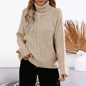 Осенне-зимний свободный повседневный однотонный вязаный свитер с высоким воротом для женщин, простой модный пуловер большого размера, свитер