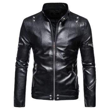 Осенне-зимняя мужская кожаная куртка с большим стоячим воротником, модная деловая кожаная куртка из искусственной кожи, Черная мотоциклетная куртка