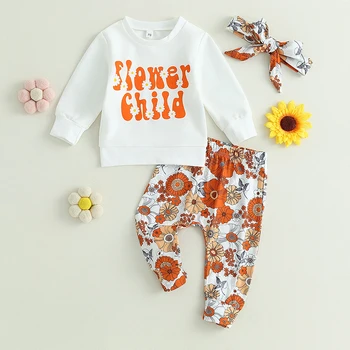 Осенние наряды для маленьких девочек от 0 до 2 лет, топы с длинными рукавами и цветочным принтом, штаны с цветочным рисунком, милая повязка на голову, комплект одежды