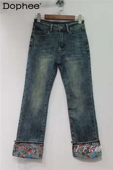Осенние Новые прямые джинсы с вышивкой и отбортовкой, женские уличные хлопковые стрейчевые брюки-сигареты длиной до щиколоток, брюки