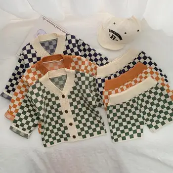 Осенний вязаный кардиган в стиле ретро для новорожденных, клетчатый свитер для мальчиков и девочек, трикотажные топы из 100% хлопка, пальто, детские трикотажные шорты