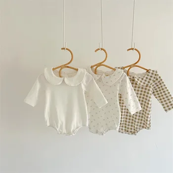 Осенний детский комбинезон с длинными рукавами для новорожденных, хлопковый комбинезон с воротником Питер Пэн, однотонная одежда для маленьких девочек, комбинезон для малышей