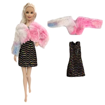 Официальный NK 1 Комплект Модного Наряда Розовая Шуба + Черное Платье Повседневная Одежда для Куклы Барби Аксессуары 1/6 Игрушки Для Кукол
