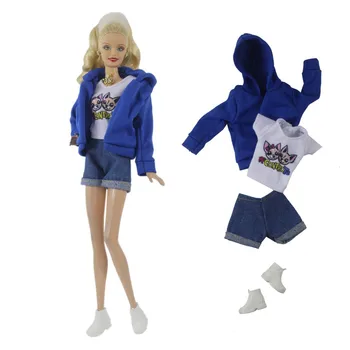 Официальный NK 1 комплект Осенней элегантной одежды для куклы: Пальто с капюшоном + Футболка + Джинсовые шорты + Спортивная обувь для куклы Барби 1/6 Toy