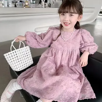 Платье для девочек, весна-осень, новинка 2023 года, Корейская версия, длинный рукав, стиль принцессы, длина до колен, однотонная милая Элегантная детская одежда