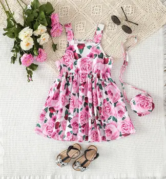 Платье трапециевидной формы для маленьких девочек 2-7 лет, юбки с цветочным рисунком, платья на бретелях, милая одежда для маленьких девочек