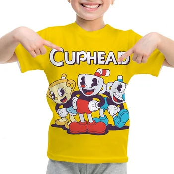 Повседневная детская футболка Cuphead Mugman Game С принтом, Топы для девочек и мальчиков, Детская одежда, футболка для малышей с круглым вырезом, Детская одежда, Футболка с Аниме