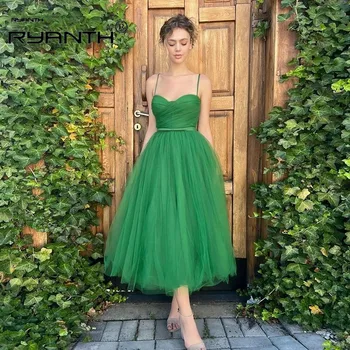 Простое зеленое бальное платье из тюля на тонких бретельках, длинное вечернее платье трапециевидной формы, Короткое милое вечернее платье Vestidos De Fiesta