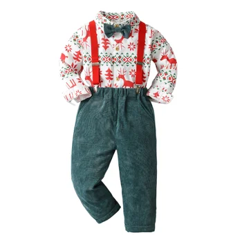 Рождественский комплект с принтом для мальчиков, детский бутик одежды, костюм для малышей 1-6 лет, зеленые вельветовые брюки, праздничный костюм
