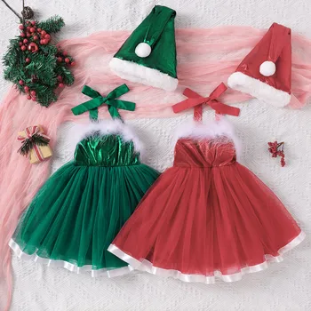 Рождественское платье для девочек для малышей, праздничное платье-пачка из тюля без рукавов с бантом + шляпа, Рождественские костюмы Санта-Клауса, наряд на Новый 2023 год