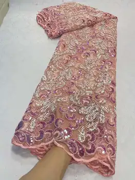 Розовая Африканская кружевная ткань с пайетками 2023, высококачественный кружевной материал, 5 ярдов Французских Нигерийских кружевных тканей для пошива вечерних платьев