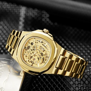 Роскошные мужские автоматические механические часы в стиле стимпанк со скелетом Мужские часы Мужские часы Orologio Золотая полоска Hombre Relogio Masculino