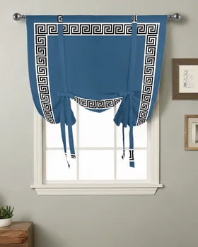 Синий Геометрический Греческий Геометрический Кухонный Короткий Карниз для карнизов Карманные Шторы Домашний Декор Маленькое Окно Римские Занавески на завязках