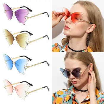 Солнцезащитные очки-бабочки в металлической оправе, негабаритные солнцезащитные очки без оправы с защитой UV400, градиентные солнцезащитные очки для пляжа / путешествий / уличной одежды