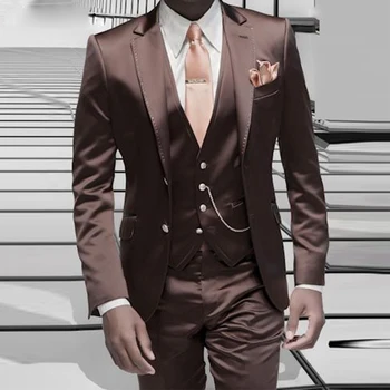 Стильный коричневый Атласный мужской костюм, Смокинг, изготовленный на Заказ Официальный Блейзер итальянского дизайна 2023, куртка, Брюки, жилет, 3шт. Костюмы Masculino