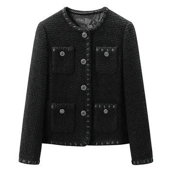 Су Ли, Новая осенне-зимняя черная однобортная женская куртка из твида с круглым вырезом и длинным рукавом