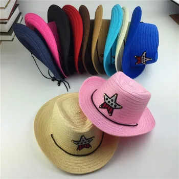 Уличная детская джазовая ковбойская шляпа, летняя соломенная шляпа для мальчиков и девочек с нашивкой в виде пятиконечной звезды, солнцезащитная шляпа, милый детский пляжный козырек