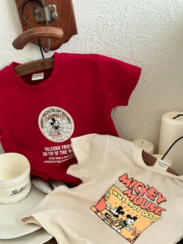Футболка с рисунком из 100% хлопка, футболки с круглым вырезом, детская базовая рубашка для мальчиков, Летняя одежда, детский Новый пуловер с рисунком Микки Мауса.