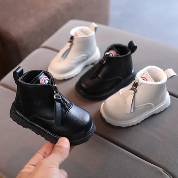 Хлопчатобумажная обувь для девочек и мальчиков для малышей 0-3 лет, Зимняя теплая Кожаная обувь с плюшем