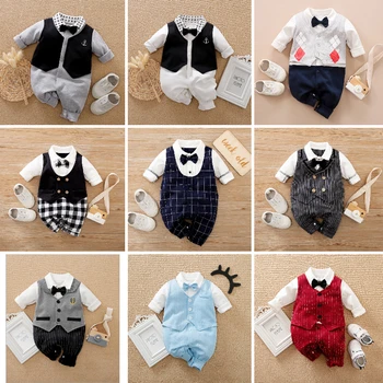 Хлопчатобумажный комбинезон с длинными рукавами для новорожденных, комбинезоны, наряды, Пижамы для мальчиков, Одежда для красивого джентльмена, 0-24 м