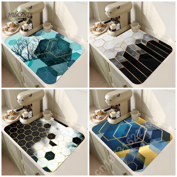 Цветная мраморная многоугольная кухонная водонепроницаемая подушка с рисунком, коврик для сушки посуды, Суперпоглощающие дренажные прокладки, Антибактериальное украшение для дома
