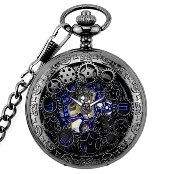 Черный полый корпус шестерни Синий римский номер Скелет в стиле Стимпанк Мужские карманные часы с ручным заводом и механическим механизмом с цепочкой-брелоком в подарок