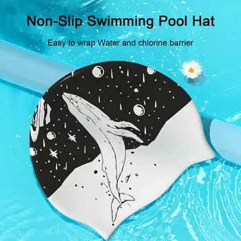 Шапочка для плавания с высокоэластичным принтом, водонепроницаемая силиконовая шапочка для бассейна с вьющимися короткими волосами средней длины и густыми волосами, шапочка для купания для взрослых