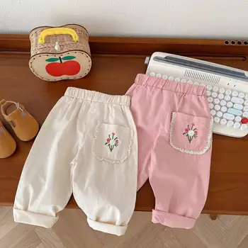 Штаны с вышивкой для маленьких девочек, весна-осень, Корейские свободные повседневные брюки с эластичной резинкой на талии, детские брюки от 1 до 5 лет
