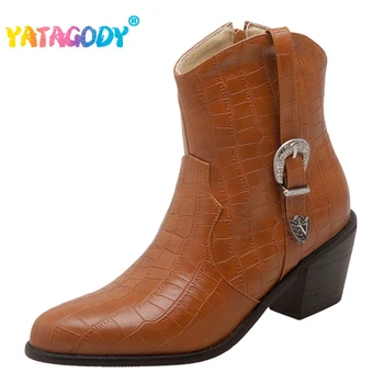 ЯТАГОДЫ, Размер 34-43, женские ботинки в стиле вестерн для ковбоя, женская обувь на толстом высоком каблуке, зимние модные ботильоны с ремешком и пряжкой на молнии.